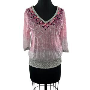ANTHROPOLOGIE AKEMI + KIN Pink Embroidered Arembepe Ombre V-Neck Blouse Size XS
